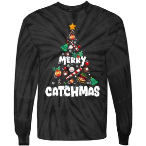 Merry Christmas Funny Gift Merry Catchmas Baseball Christmas Tree Tie-Dye Long Sleeve Shirt