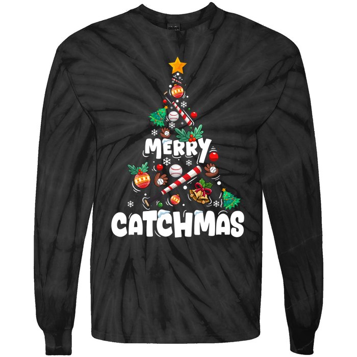 Merry Christmas Funny Gift Merry Catchmas Baseball Christmas Tree Tie-Dye Long Sleeve Shirt