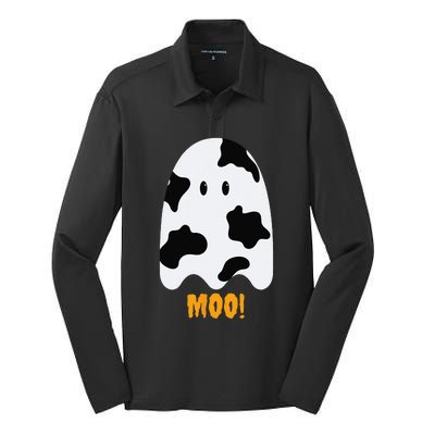 Moo! Cute Funny Cow Print Ghost Halloween Silk Touch Performance Long Sleeve Polo