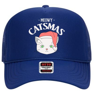 Meowy Catsmas Funny Gift High Crown Mesh Back Trucker Hat