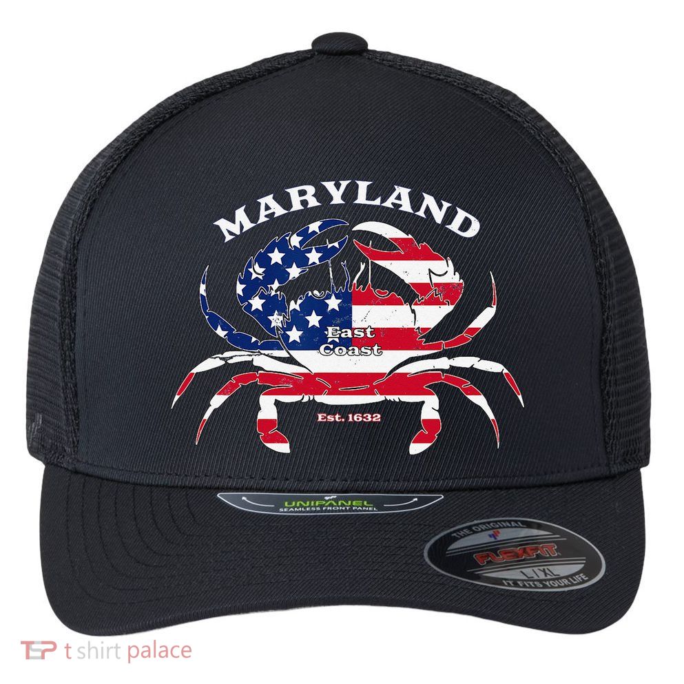 Maryland Crab Flag Patriotic and Quirky Summertime USA Flexfit Unipanel Trucker Cap