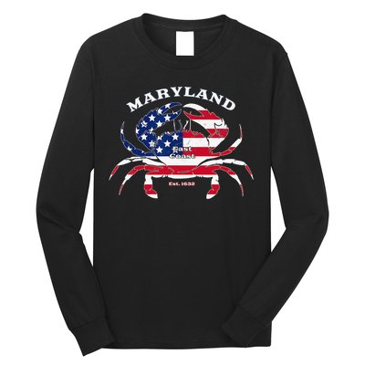 Maryland Crab Flag Patriotic and Quirky Summertime USA Long Sleeve Shirt