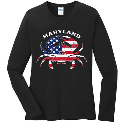 Maryland Crab Flag Patriotic and Quirky Summertime USA Ladies Long Sleeve Shirt