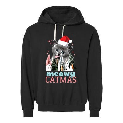 Meowy Catmas Funny Christmas Cat Meme Ugly Xmas Gift Cute Garment-Dyed Fleece Hoodie