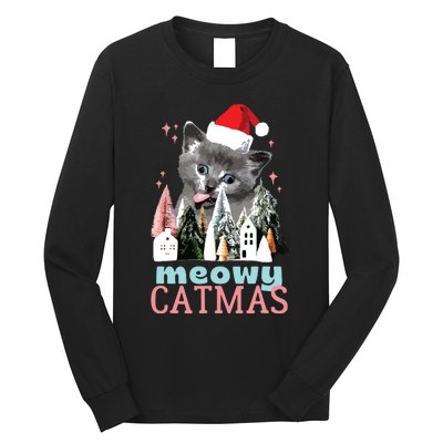 Meowy Catmas Funny Christmas Cat Meme Ugly Xmas Gift Cute Long Sleeve Shirt