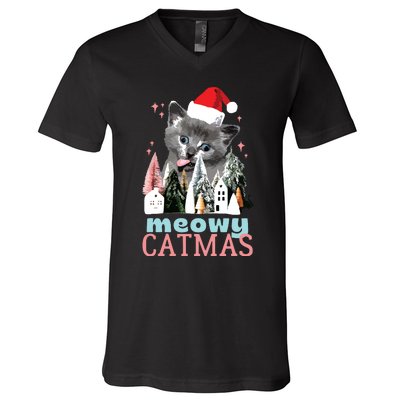 Meowy Catmas Funny Christmas Cat Meme Ugly Xmas Gift Cute V-Neck T-Shirt