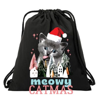 Meowy Catmas Funny Christmas Cat Meme Ugly Xmas Gift Cute Drawstring Bag