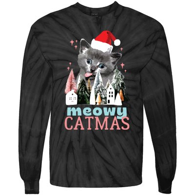 Meowy Catmas Funny Christmas Cat Meme Ugly Xmas Gift Cute Tie-Dye Long Sleeve Shirt