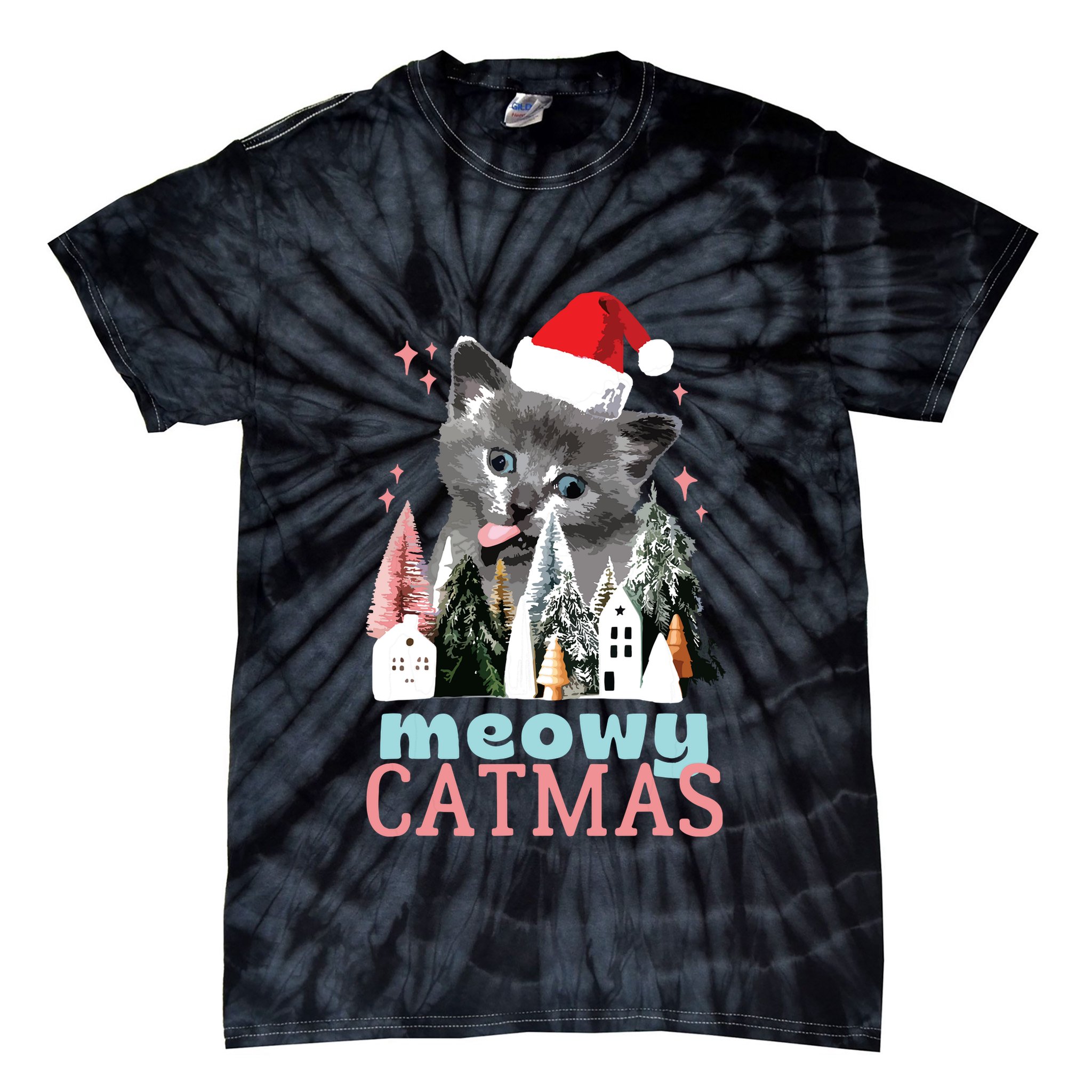 Meowy Catmas Funny Christmas Cat Meme Ugly Xmas Gift Cute Tie-Dye T-Shirt