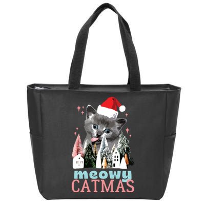 Meowy Catmas Funny Christmas Cat Meme Ugly Xmas Gift Cute Zip Tote Bag