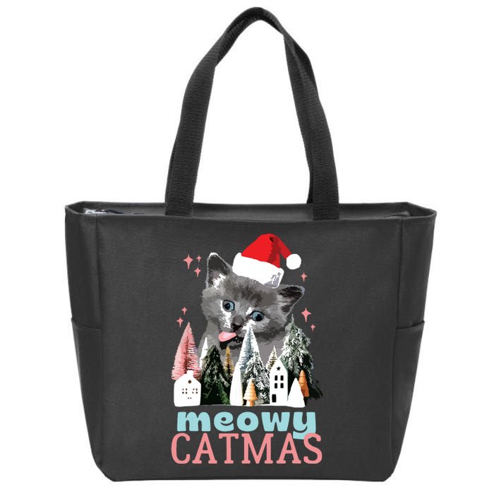 Meowy Catmas Funny Christmas Cat Meme Ugly Xmas Gift Cute Zip Tote Bag