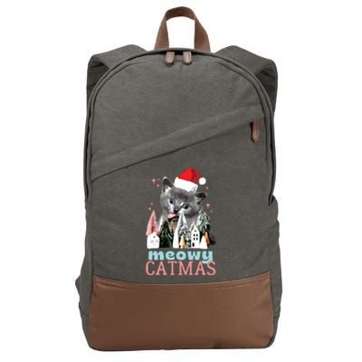 Meowy Catmas Funny Christmas Cat Meme Ugly Xmas Gift Cute Cotton Canvas Backpack