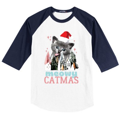 Meowy Catmas Funny Christmas Cat Meme Ugly Xmas Gift Cute Baseball Sleeve Shirt