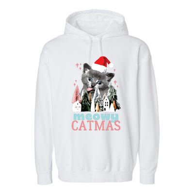 Meowy Catmas Funny Christmas Cat Meme Ugly Xmas Gift Cute Garment-Dyed Fleece Hoodie