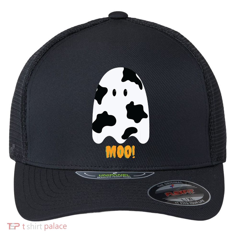 Moo! Cute Funny Cow Print Ghost Halloween Flexfit Unipanel Trucker Cap
