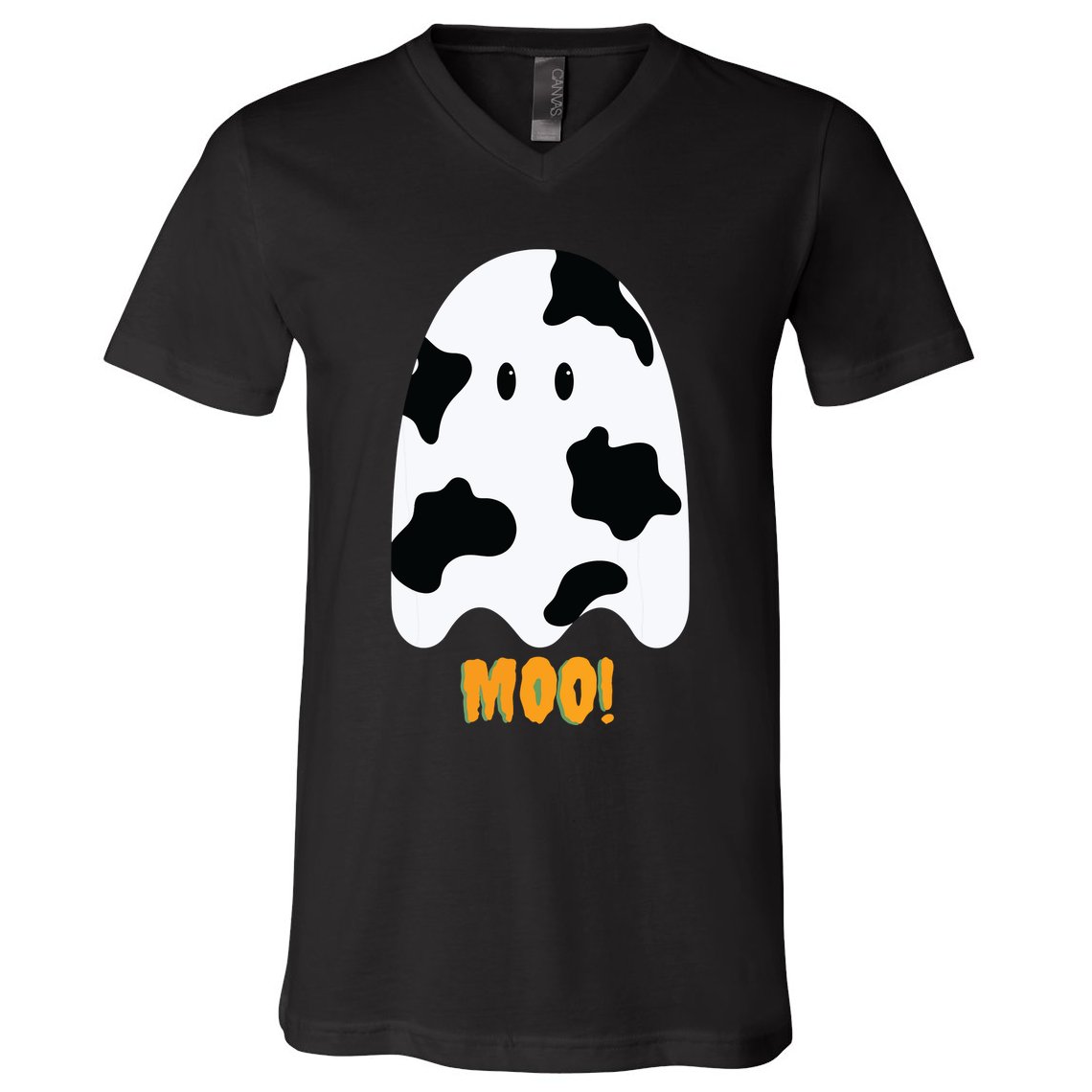Moo! Cute Funny Cow Print Ghost Halloween V-Neck T-Shirt