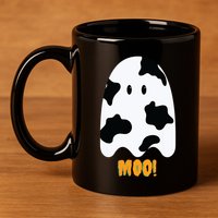 Moo! Cute Funny Cow Print Ghost Halloween 11oz C Handle Ceramic Mug