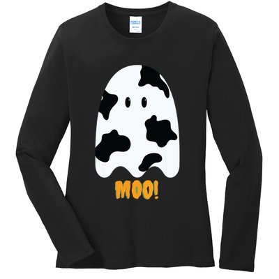 Moo! Cute Funny Cow Print Ghost Halloween Ladies Long Sleeve Shirt