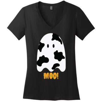 Moo! Cute Funny Cow Print Ghost Halloween Women's V-Neck T-Shirt