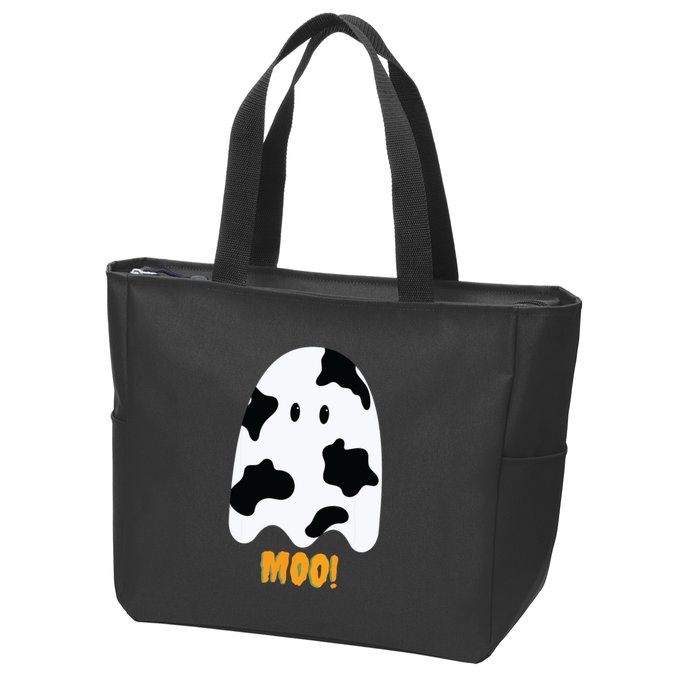 Moo! Cute Funny Cow Print Ghost Halloween Zip Tote Bag