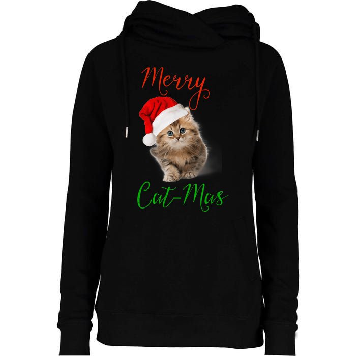 Merry Catmas Funny Christmas Holiday  Cat Kitten Womens Funnel Neck Pullover Hood