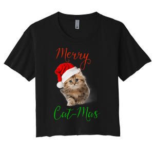 Merry Catmas Funny Christmas Holiday  Cat Kitten Women's Crop Top Tee