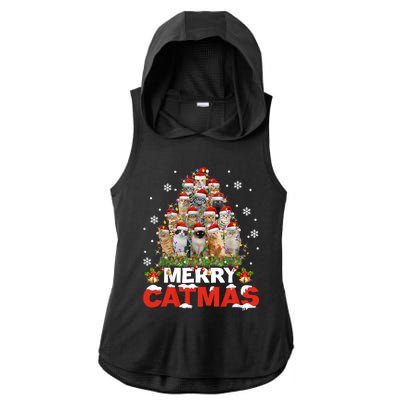 Meowy Catmas Funny Christmas Tree Lights Pajama Funny Gift Ladies PosiCharge Tri-Blend Wicking Draft Hoodie Tank