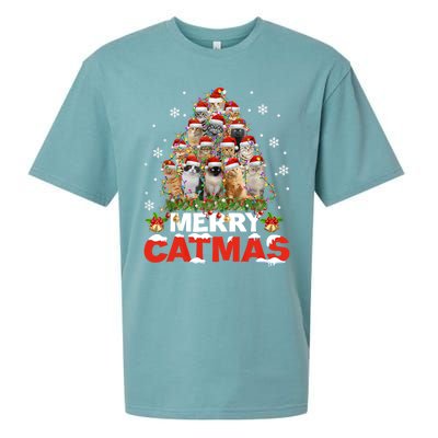 Meowy Catmas Funny Christmas Tree Lights Pajama Funny Gift Sueded Cloud Jersey T-Shirt