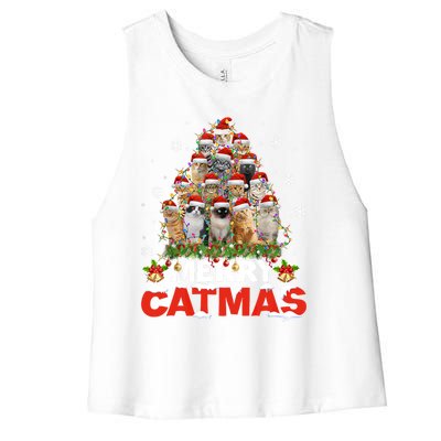 Meowy Catmas Funny Christmas Tree Lights Pajama Funny Gift Women's Racerback Cropped Tank