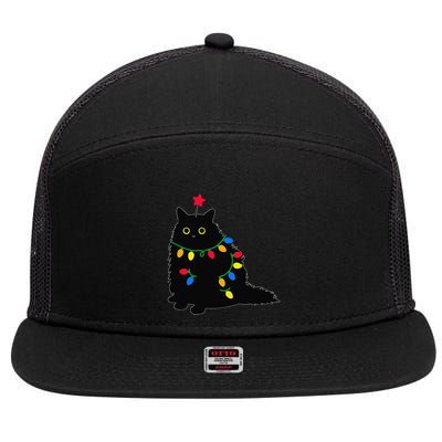 Merry Christmas Funny Black Cat Christmas Light Meowy Catmas 7 Panel Mesh Trucker Snapback Hat