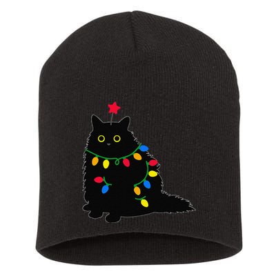 Merry Christmas Funny Black Cat Christmas Light Meowy Catmas Short Acrylic Beanie