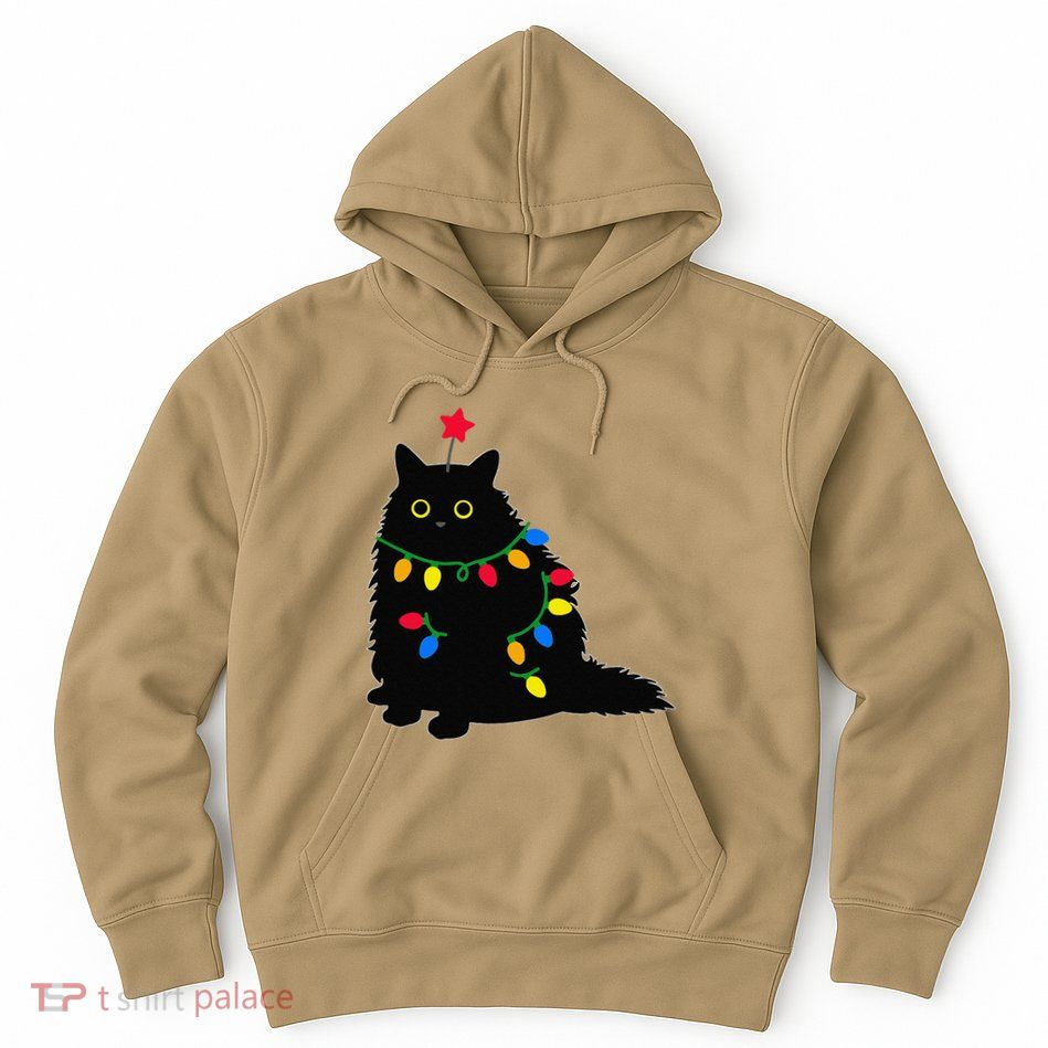 Merry Christmas Funny Black Cat Christmas Light Meowy Catmas Hoodie