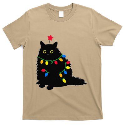 Merry Christmas Funny Black Cat Christmas Light Meowy Catmas T-Shirt