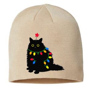 Merry Christmas Funny Black Cat Christmas Light Meowy Catmas Sustainable Beanie