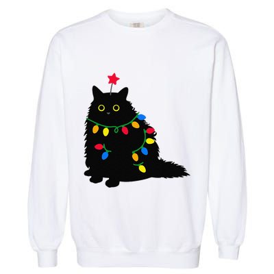 Merry Christmas Funny Black Cat Christmas Light Meowy Catmas Garment-Dyed Sweatshirt