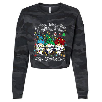 Merry Christmas Funny Everything Is Fine Gnome Sped Teacher Cropped Pullover Crew