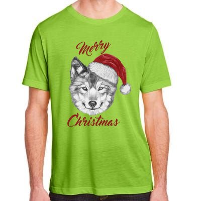 Merry Christmas Funny Wolf Face With Santa Hat Retro Xmas Gift Adult ChromaSoft Performance T-Shirt