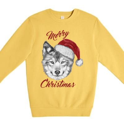 Merry Christmas Funny Wolf Face With Santa Hat Retro Xmas Gift Premium Crewneck Sweatshirt