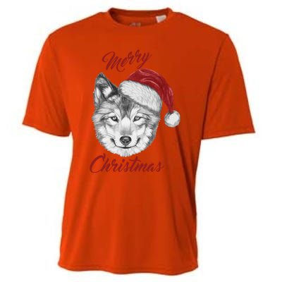 Merry Christmas Funny Wolf Face With Santa Hat Retro Xmas Gift Cooling Performance Crew T-Shirt