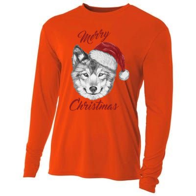 Merry Christmas Funny Wolf Face With Santa Hat Retro Xmas Gift Cooling Performance Long Sleeve Crew