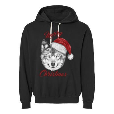 Merry Christmas Funny Wolf Face With Santa Hat Retro Xmas Gift Garment-Dyed Fleece Hoodie