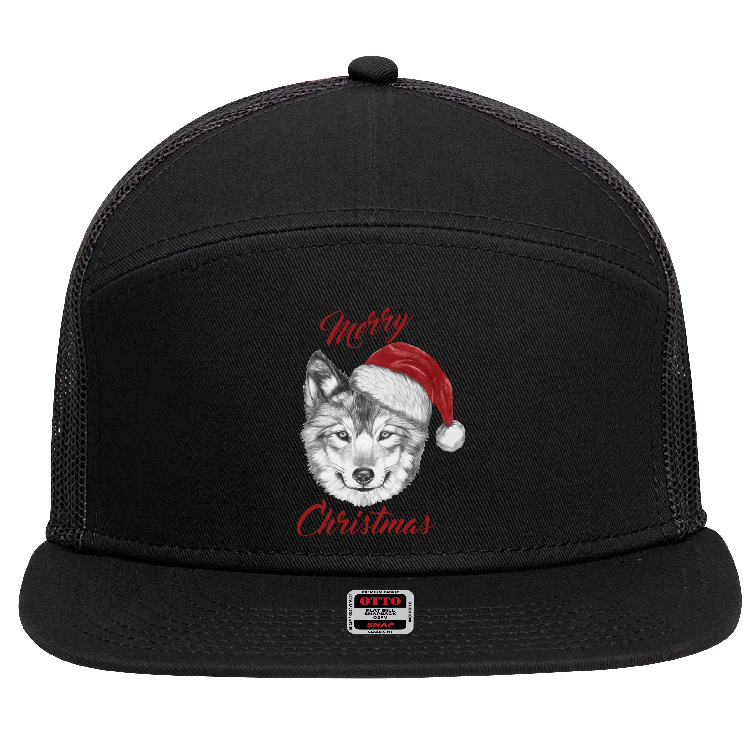 Merry Christmas Funny Wolf Face With Santa Hat Retro Xmas Gift 7 Panel Mesh Trucker Snapback Hat