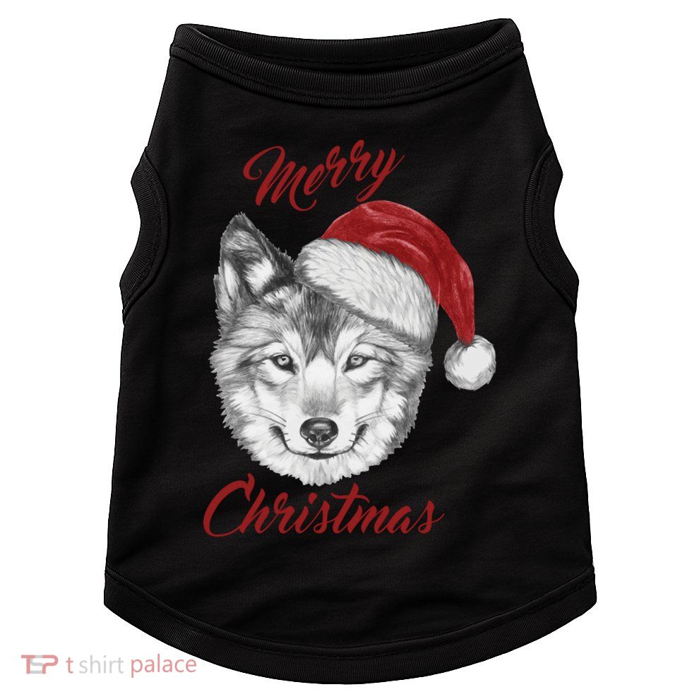 Merry Christmas Funny Wolf Face With Santa Hat Retro Xmas Gift Doggie Tank