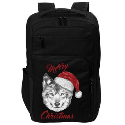 Merry Christmas Funny Wolf Face With Santa Hat Retro Xmas Gift Impact Tech Backpack