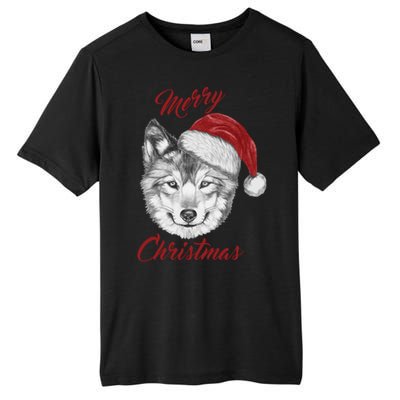 Merry Christmas Funny Wolf Face With Santa Hat Retro Xmas Gift Tall Fusion ChromaSoft Performance T-Shirt