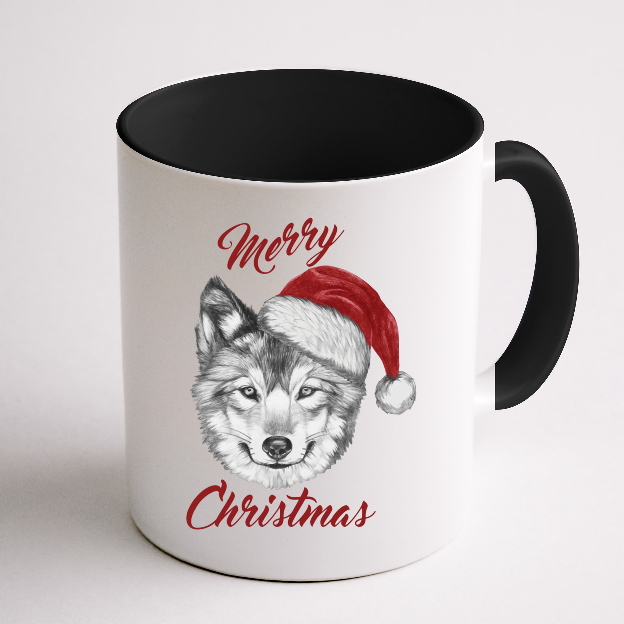 Merry Christmas Funny Wolf Face With Santa Hat Retro Xmas Gift Mug