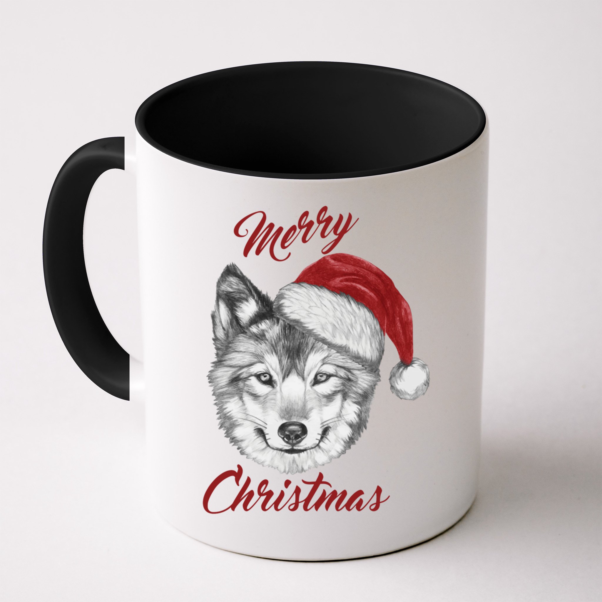 Merry Christmas Funny Wolf Face With Santa Hat Retro Xmas Gift Mug