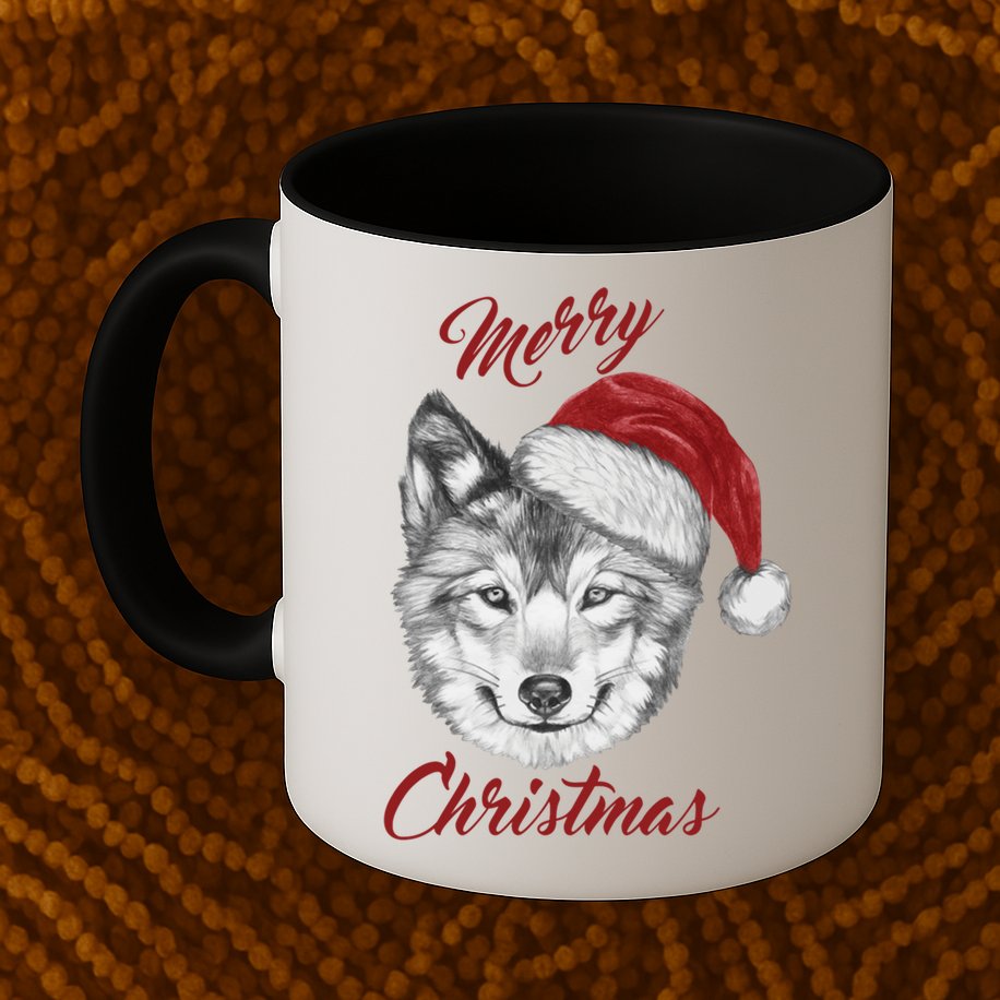 Merry Christmas Funny Wolf Face With Santa Hat Retro Xmas Gift Mug