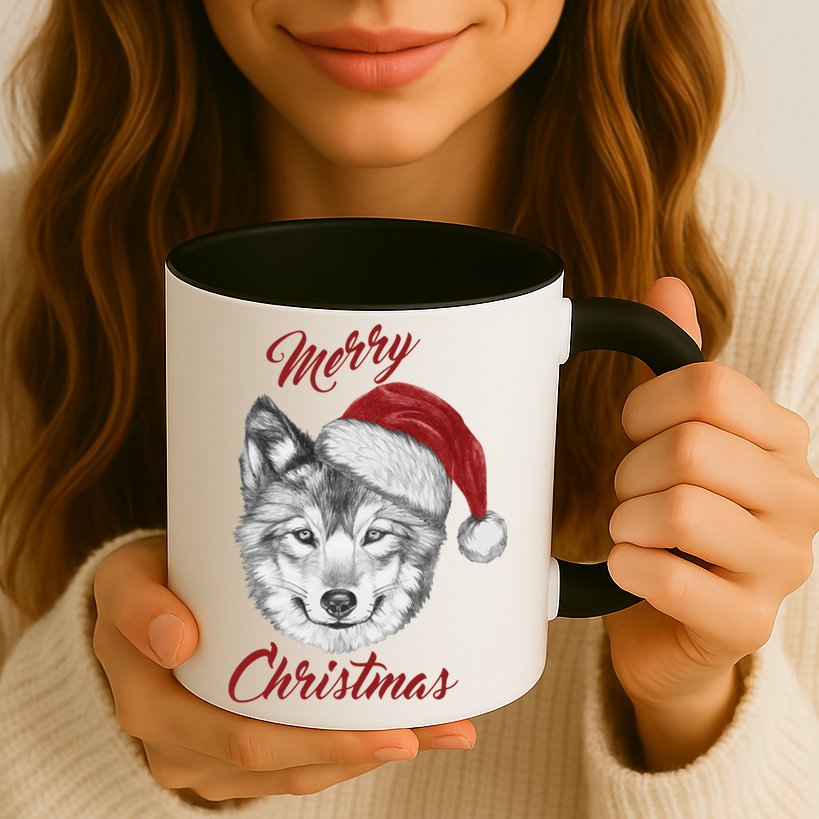 Merry Christmas Funny Wolf Face With Santa Hat Retro Xmas Gift Mug