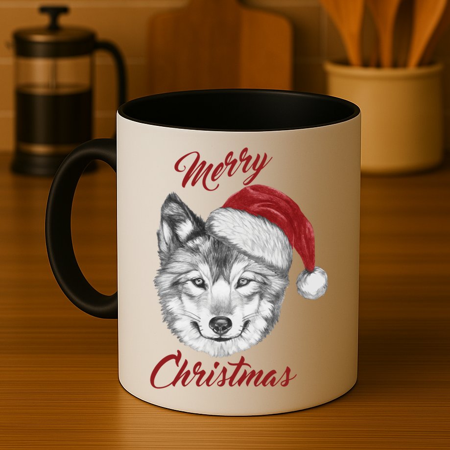 Merry Christmas Funny Wolf Face With Santa Hat Retro Xmas Gift Mug